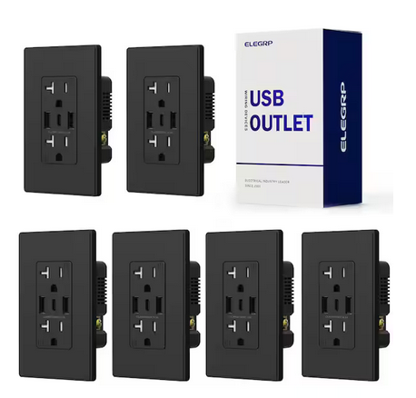 21W USB Wall Outlet w/Dual Type A and Type C USB Ports, 20 Amp Tamper Resistant Outlet, w/Wall Plate, Black (6 Pack) - 91009419655