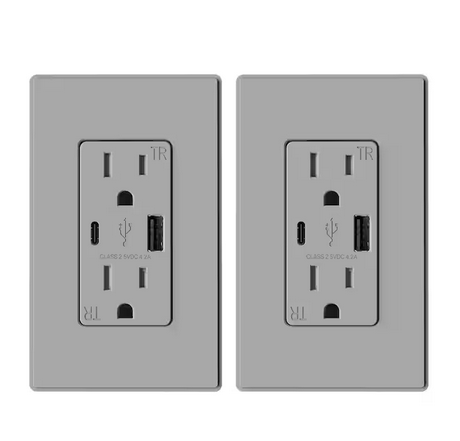 Wall Mount Gray 15 Amp Tamper Resistant Duplex Outlet with Type A & Type C USB Ports 2-Pack (R1615D42-GR2) - 91011734743