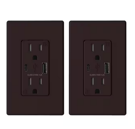 Wall Mount Brown 15 Amp Tamper Resistant Duplex Outlet with Type A & Type C USB Ports 2-Pack (R1615D42-BR2) - 91011734742