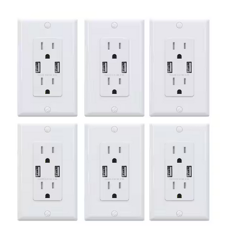 4.0 Amp Dual USB Ports with Smart Chip 15 Amp Duplex Tamper Resistant Outlet Wall Plate Included, White (6-Pack) - 91006202371