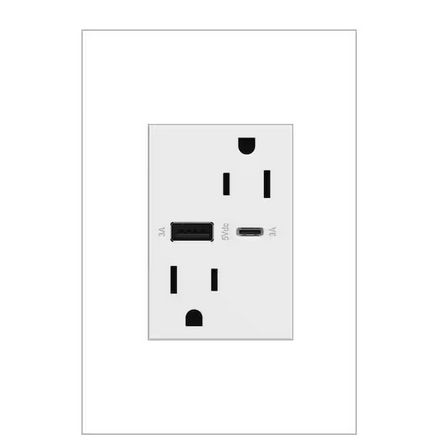 adorne 15 Amp 120-Volt Duplex Outlet with 6.0 Amp Type A/C USB, White - 91006008060
