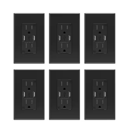4 Amp USB Dual Type A In-Wall Charger with 15 Amp Duplex Tamper Resistant Outlet, Wall Plate Included, Black (6-Pack) - 91005748946