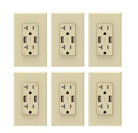 3.6 Amp USB Dual Type A In-Wall Charger with 20 Amp Duplex Tamper Resistant Outlet, Wall Plate Included, Ivory (6-Pack) - 91005748933