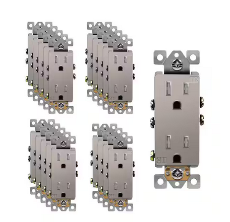 15 Amp Decorator Duplex Outlet Receptacle, Tamper Resistant, Nickel (20-Pack) - 91010024608