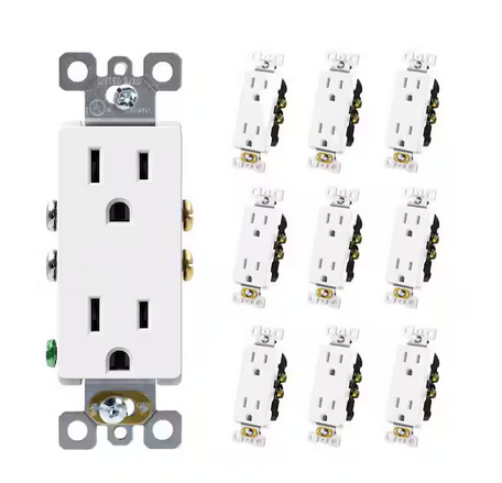 15 Amp/125-Volt, Standard Wall Outlet, 2-Pole Non-Tamper Resistant, Self-Grounding, UL Listed in Matte White (10-Pack) - 91011411399
