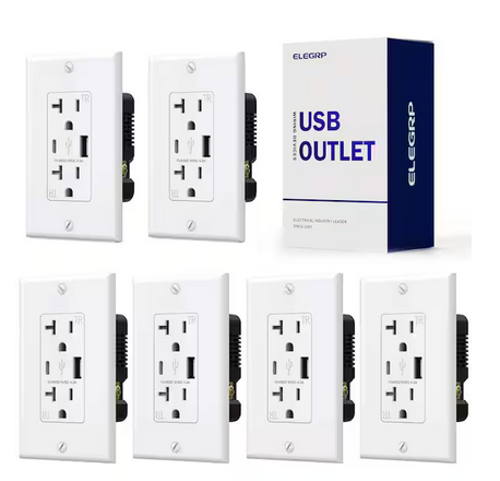 21W USB Wall Outlet with Type A and Type C USB Ports, 20 Amp Tamper Resistant, with Wall Plate,Black (6 Pack) - 91008253688