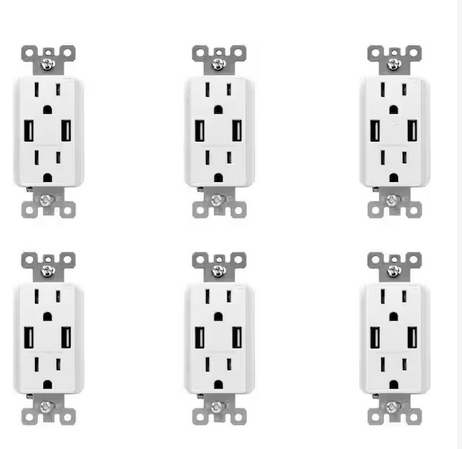 3.6 Amp Dual USB Charger and 15 Amp Receptacle, White (6-Pack) - 91003930859