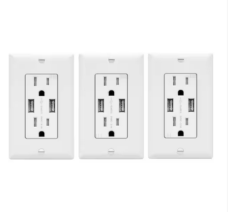 15 Amp 125-Volt Tamper Resistant 3.1 Amp USB Duplex Outlet Charger with Wall Plates, White (3-Pack) - 91006889307