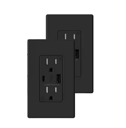 Wall Mount Black 15 Amp Tamper Resistant Duplex Outlet with Type A & Type C USB Ports 2-Pack (R1615D42-BL) - 91011734740