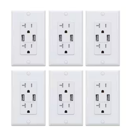 4.0 Amp Dual USB Ports with Smart Chip, 20 Amp Duplex Tamper Resistant Outlet Wall Plate Included, White (6-Pack) - 91006202373