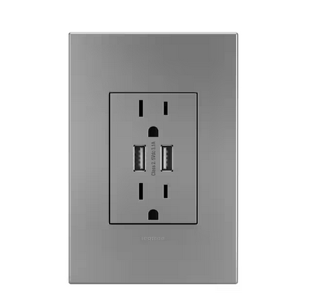 adorne 15 Amp 125-Volt Dual USB Plus-Size Duplex Outlet with Wall Plate, Magnesium - 91004632674