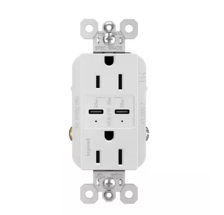 radiant 15 Amp 125-Volt Tamper-Resistant Duplex Outlet with Ultra-Fast 6A PLUS 30W Power Delivery USB C/C, White - 91006611871