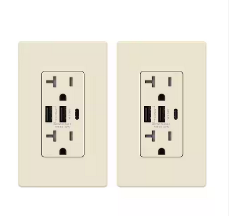 30-Watt 20 Amp 3-Port Type C and Dual Type A USB Duplex USB Wall Outlet, Wall Plate Included, Light Almond (2-Pack) - 91006202372