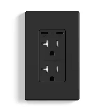 65-Watt Dual USB C Receptacle for Laptop Power Delivery 20 Amp Wall Outlet with USB C Ports w/Wall Plate (1-Pack, Black) - 91011937672