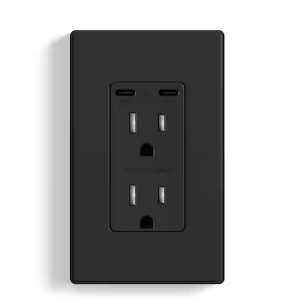 65-Watt Dual USB C Outlet for Laptop Power Delivery 15 Amp Wall Outlet with USB C Ports with Wall Plate (1-Pack, Black) - 91011937684