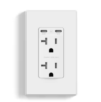 65-Watt Dual USB C Oulet for Laptop Power Delivery 20 Amp Wall Outlet with USB C Ports with Wall Plate (1-Pack, White) - 91011937686
