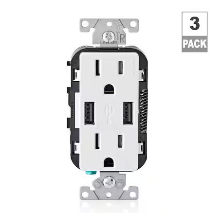 15 Amp Decora Combination Tamper Resistant Duplex Outlet and USB Charger, White (3-Pack) - 91002374964