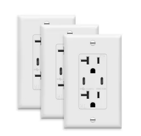 20 Amp Tamper-Resistant Decorator Duplex Receptacle, 2 Port USB C Wall Outlet, White (3-Pack) - 91009210211