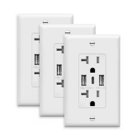 20 Amp Decorator Tamper-Resistant Duplex Outlet with 3 Type A and C USB Charging Ports, White (3-Pack) - 91009210215