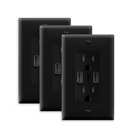 15 Amp Decorator Tamper-Resistant Duplex Outlet with 3 Type A and C USB Charging Ports, White (3-Pack) - 91009210213