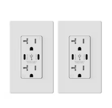 20 Amp 30-Watt Dual Type C USB Wall Charger with Duplex Tamper Resistant Outlet, Wall Plate Included, White (2-Pack) - 91006544468