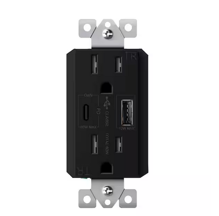15 Amp Duplex Receptacle, 60-Watt Power Delivery USB Outlet Type A/C, Dual Ports, Black - 91010015639