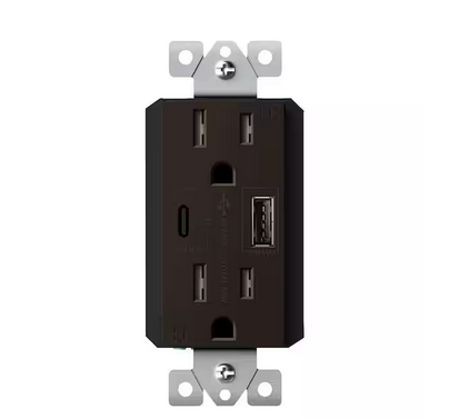15 Amp Duplex Receptacle, 60-Watt Power Delivery USB Outlet Type A/C, 3 Ports, Brown - 91009964487