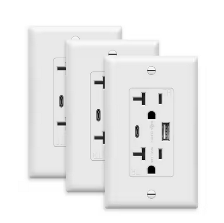 20 Amp 125V Tamper-Resistant Decorator Duplex Receptacle, 2 Port USB Type C/A Wall Outlet, White (3-Pack) - 91009519605