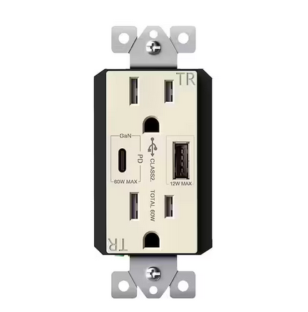 15 Amp Duplex Receptacle, 60-Watt Power Delivery USB Outlet Type A/C, 3 Ports, Light Almond - 91009964490
