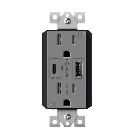 15 Amp Duplex Receptacle, 60-Watt Power Delivery USB Outlet Type A/C, 3 Ports, Gray - 91009964489