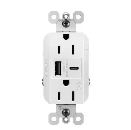 radiant 15 Amp 125-Volt Weather Resistant Outdoor Decorator Duplex Outlet with 6.0 Amp Type A/C USB, White - 91006023017