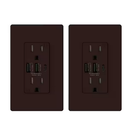 30-Watt 15 Amp 3-Port Type C and Dual Type A USB Duplex USB Wall Outlet, Wall Plate Included, Brown (2-Pack) - 91006202379