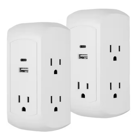5-Outlet Grounded Wall Tap Surge Protector Adapter with 2 USB Ports, USB-A and C, White, (2-Pack) - 91005439488