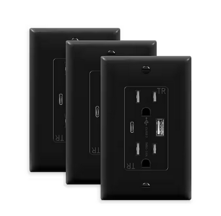 15 Amp Tamper Resistant Decorator Duplex Receptacle, USB Type A and C Outlet with Wall Plate, Black (3-Pack) - 91009519616