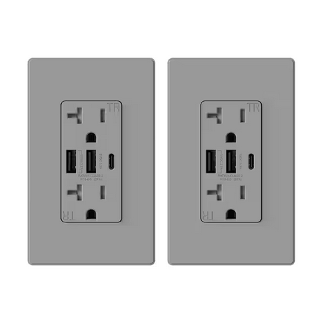 30-Watt 20 Amp 3-Port Type C and Dual Type A USB Duplex USB Wall Outlet, Wall Plate Included, Gray (2-Pack) - 91006202375