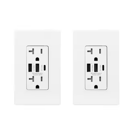 30-Watt 20 Amp 3-Port Type C and Dual Type A USB Duplex Wall Outlet, Wall Plate Included, White (2-Pack) - 91005748947