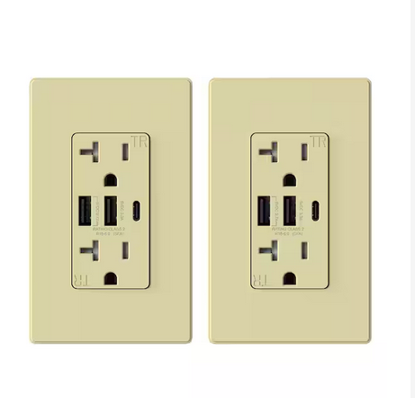 30-Watt 3-Port Type C & Dual Type A USB Duplex Outlet Smart Chip High Speed Charging Wall Plate Included, Ivory (2-Pack) - 91006202369