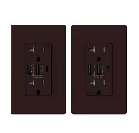 30-Watt 3-Port Type C & Dual Type A USB Duplex Outlet Smart Chip High Speed Charging Wall Plate Included, Brown (2-Pack) - 91006202357