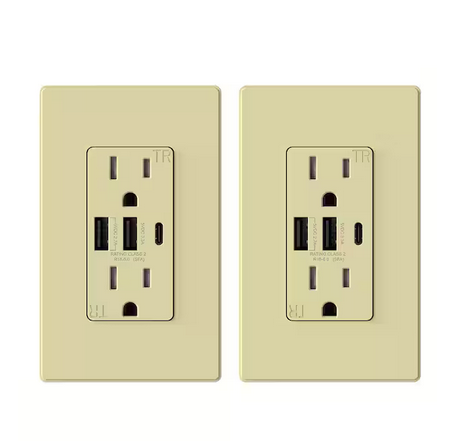 30-Watt 15 Amp 3-Port Type C and Dual Type A USB Duplex USB Wall Outlet, Wall Plate Included, Ivory (2-Pack) - 91006202384