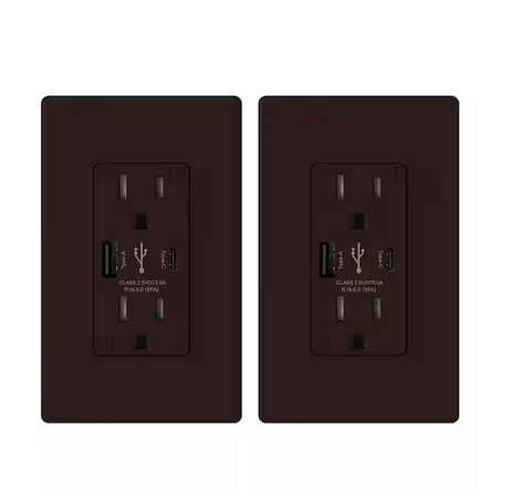 25-Watt 15 Amp Type C and Type A USB Duplex Outlet, Smart Chip High Speed Charging Wall Plate Included, Brown (2-Pack) - 91006202361