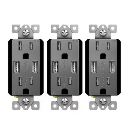 15 Amp 125-Volt Tamper Resistant Residential Decorator Duplex Outlet, 4 Amp USB Type A Ports, Space Gray (3-Pack) - 91010024596