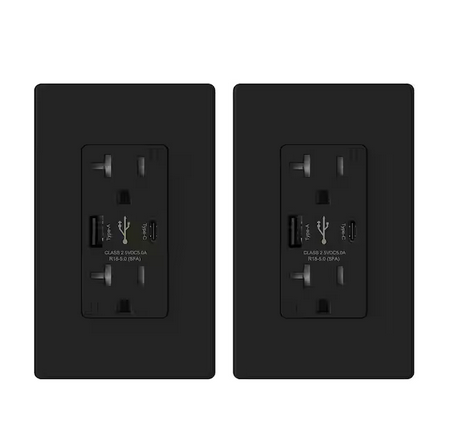 25-Watt 20 Amp Type A & C Dual USB Wall Charger with Duplex Tamper Resistant Outlet Wall Plate Included, Black (2-Pack) - 91006202387