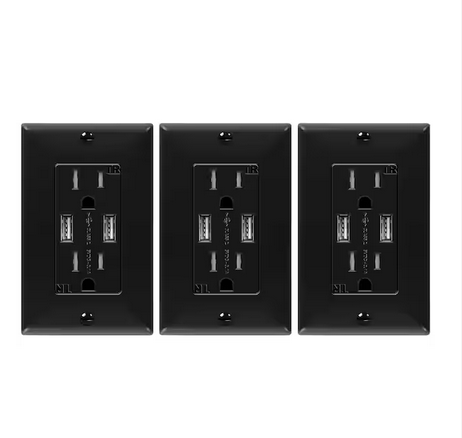 3.1 Amp USB Wall Duplex Outlet Charger with Wall Plate in Black (3-Pack) - 91008035283