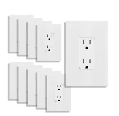 15 Amp Tamper Resistant Decorator Duplex Outlet with Midsize Screwless Wall Plate, White (10-Pack) - 91009606373