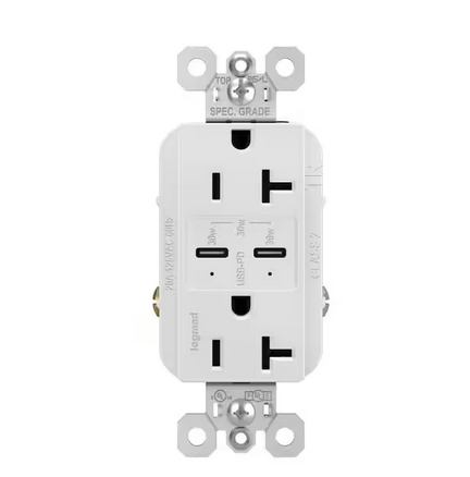 radiant 20 Amp 125-Volt Tamper-Resistant Duplex Outlet with Ultra-Fast PLUS Power Delivery USB C/C, White - 91007018972