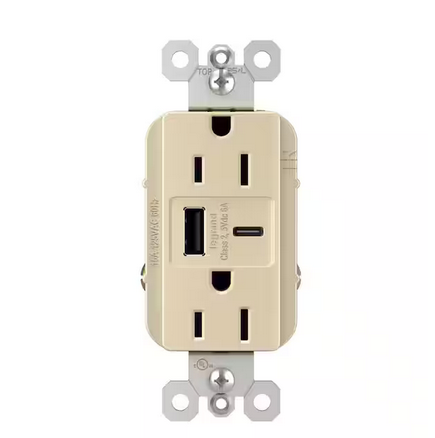 radiant 15 Amp 125-Volt Decorator Duplex Outlet with 6.0 Amp Type A/C USB, Ivory - 91007095874
