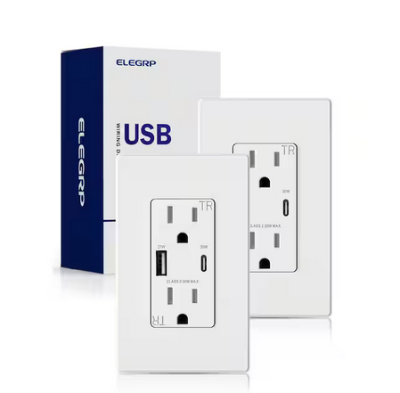 30-Watt Type A & Type C USB Duplex Wall Outlet for PD and QC, 15 Amp Receptacle, w/Wall Plate (2-Pack, White) - 91010024685