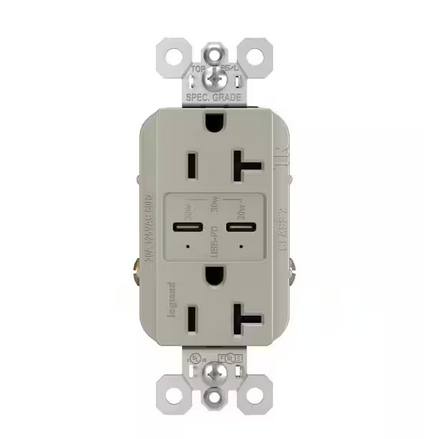 radiant 20 Amp 125-Volt Tamper-Resistant Duplex Outlet with Ultra-Fast PLUS Power Delivery USB C/C, Nickel - 91007018976