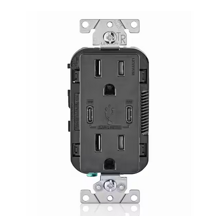 30-Watt 6 Amp USB Dual Type-C with Power Delivery In-Wall Charger/15 Amp 125-Volt Tamper-Resistant Outlet, Black - 91004297126