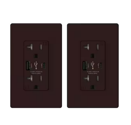 25-Watt 20 Amp Type A & C Dual USB Wall Charger with Duplex Tamper Resistant Outlet Wall Plate Included, Brown (2-Pack) - 91006202386